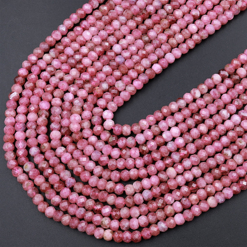 Faceted Natural Pink Tourmaline Rondelle 3mm 4mm Beads Diamond Cut Gemstone 15.5" Strand