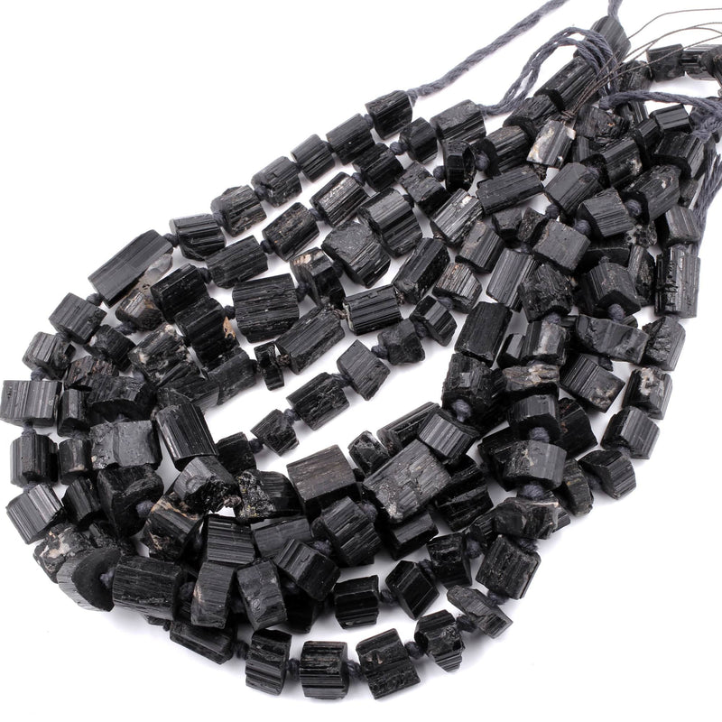Drilled Raw Natural Black Tourmaline Beads Nugget Real Genuine Black Tourmaline Crystal Shaped Gemstones Tube 18" Strand
