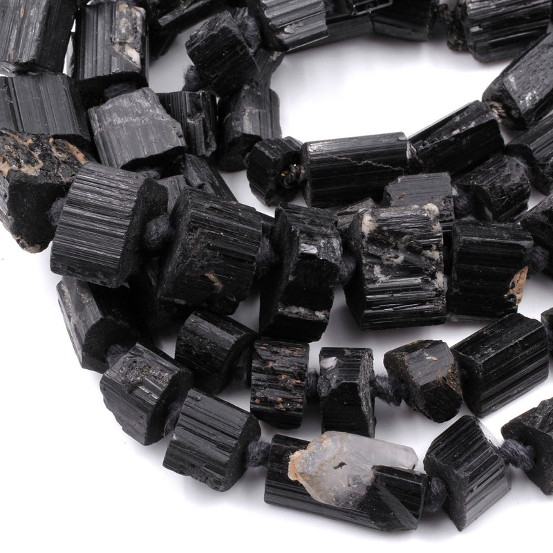 Drilled Raw Natural Black Tourmaline Beads Nugget Real Genuine Black Tourmaline Crystal Shaped Gemstones Tube 18" Strand