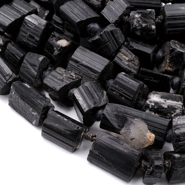 Drilled Raw Natural Black Tourmaline Beads Nugget Real Genuine Black Tourmaline Crystal Shaped Gemstones Tube 18" Strand