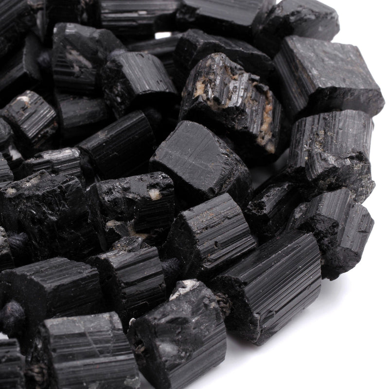 Drilled Raw Natural Black Tourmaline Beads Nugget Real Genuine Black Tourmaline Crystal Shaped Gemstones Tube 18" Strand