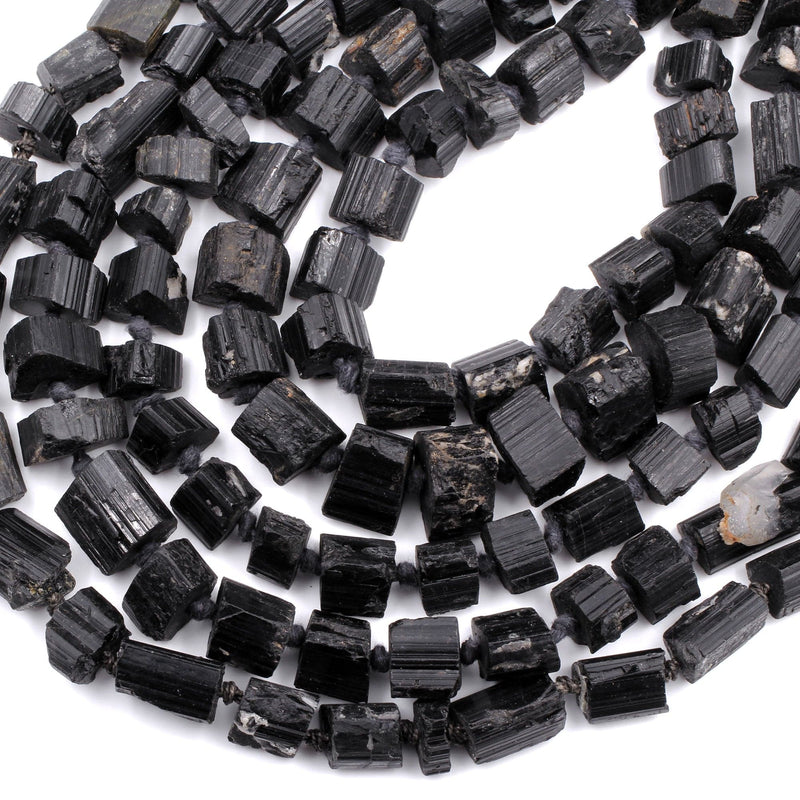 Drilled Raw Natural Black Tourmaline Beads Nugget Real Genuine Black Tourmaline Crystal Shaped Gemstones Tube 18" Strand