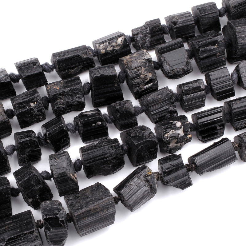 Drilled Raw Natural Black Tourmaline Beads Nugget Real Genuine Black Tourmaline Crystal Shaped Gemstones Tube 18" Strand