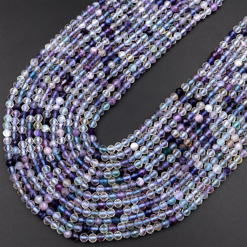 Natural Fluorite Faceted 2mm 4mm Round Beads Micro Laser Cut Purple Gemstone 15.5" Strand