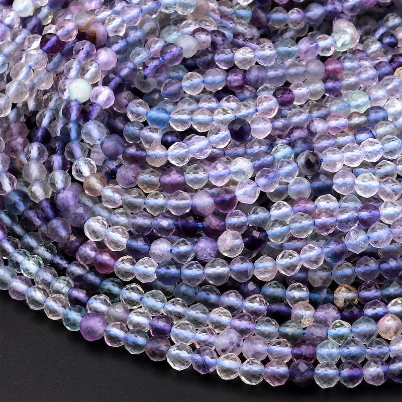 Natural Fluorite Faceted 2mm 4mm Round Beads Micro Laser Cut Purple Gemstone 15.5" Strand