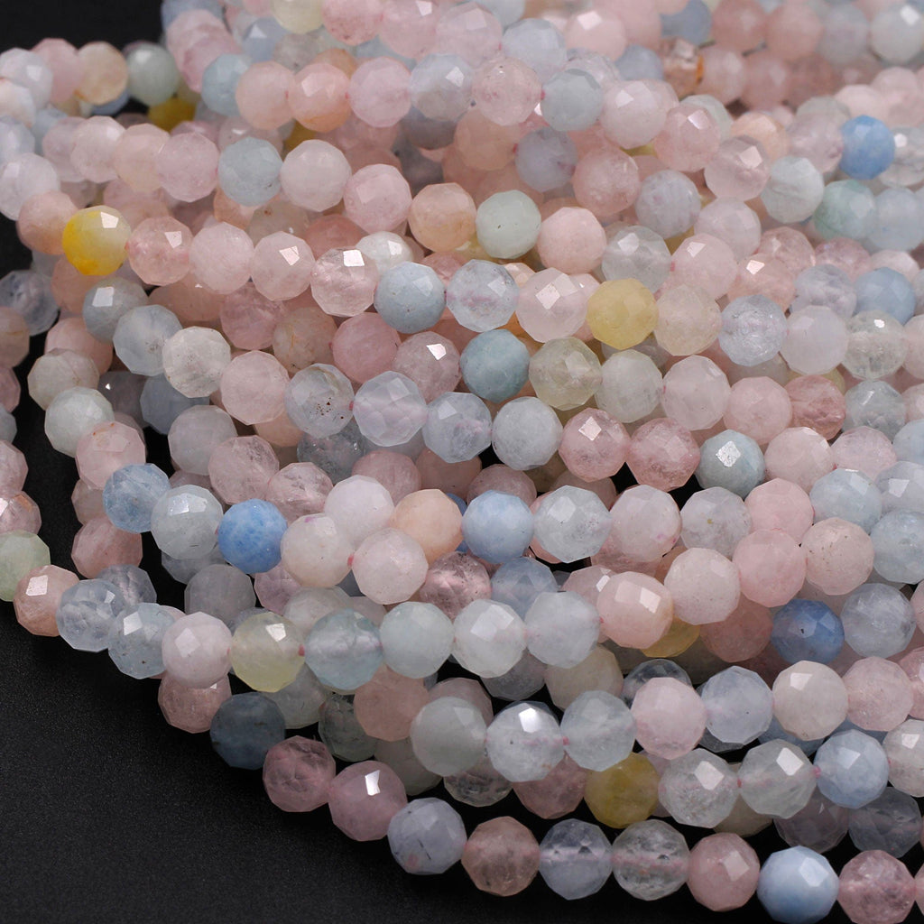 Micro Faceted Tiny Natural Pastel Pink Blue Beryl Round Beads 3mm 4mm 6mm Faceted Round Beads Laser Diamond Cut Gemstone 16" Strand