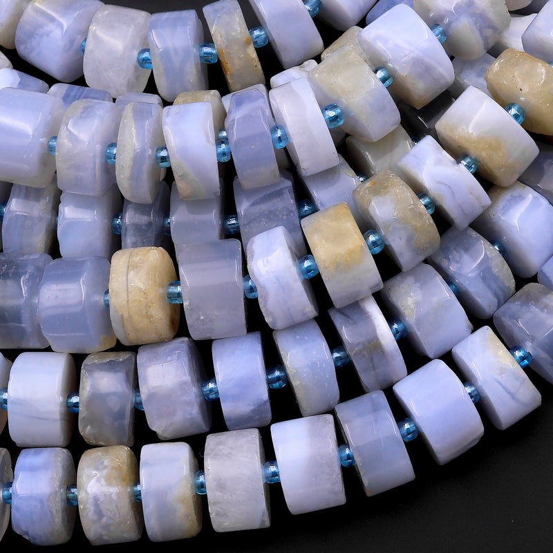 Icy! Natural Blue Chalcedony Beads Blue Lace Agate Beads Rondelle Large Thick Wheel 12mm 14mm 15.5" Strand