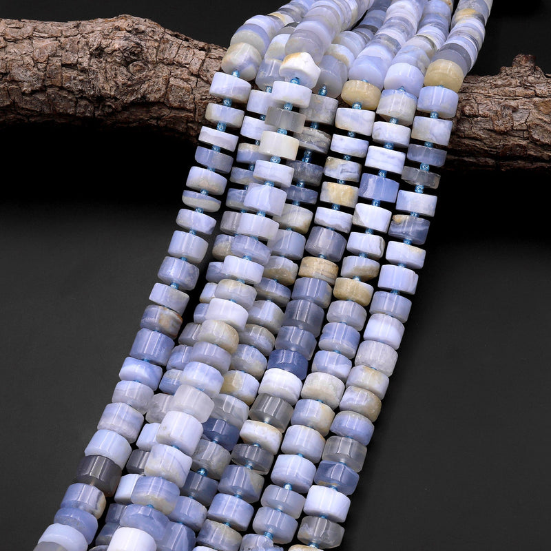 Icy! Natural Blue Chalcedony Beads Blue Lace Agate Beads Rondelle Large Thick Wheel 12mm 14mm 15.5" Strand