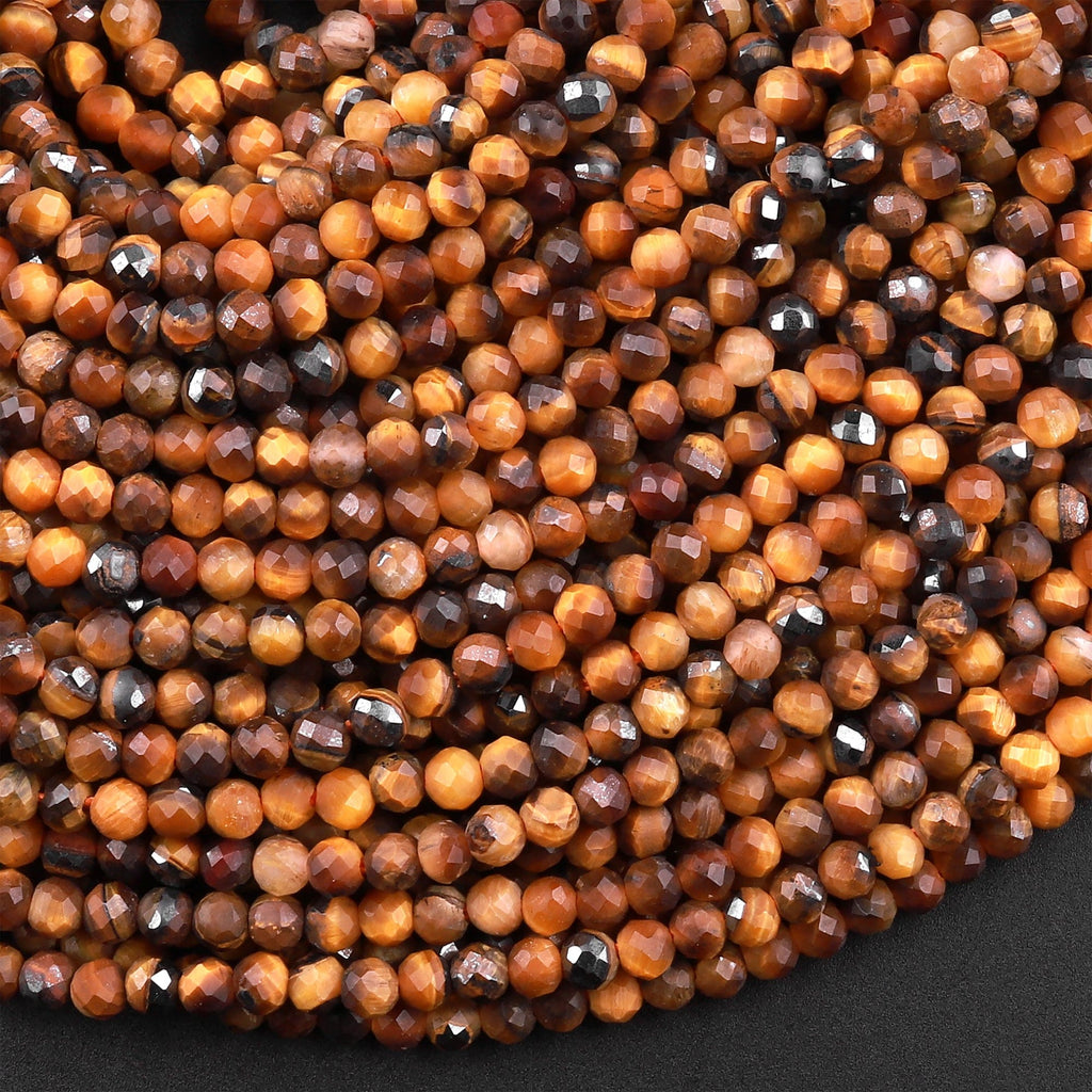 Micro Faceted 2mm 3mm Tiger's Eye Round Beads 15.5" Strand
