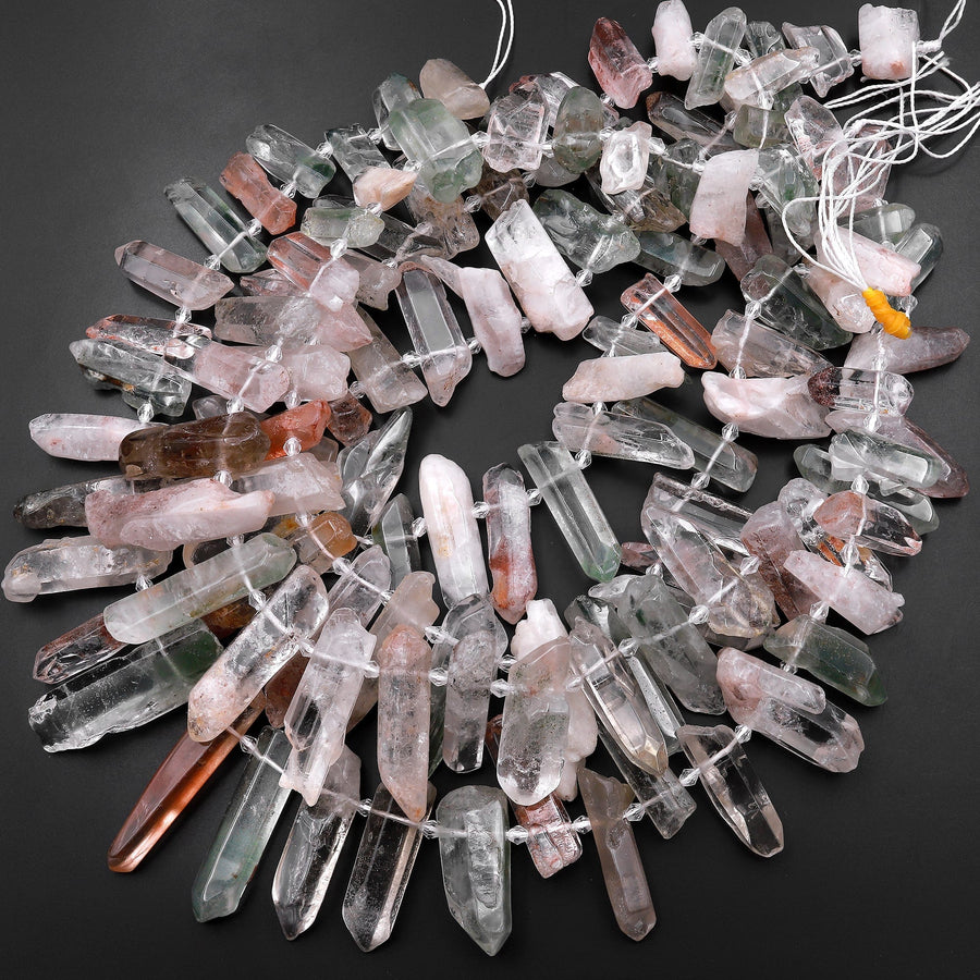 Large Natural Red Green Phantom Quartz Rock Crystal Beads Point Spike Top Side Drilled Focal Pendant 15.5" Strand