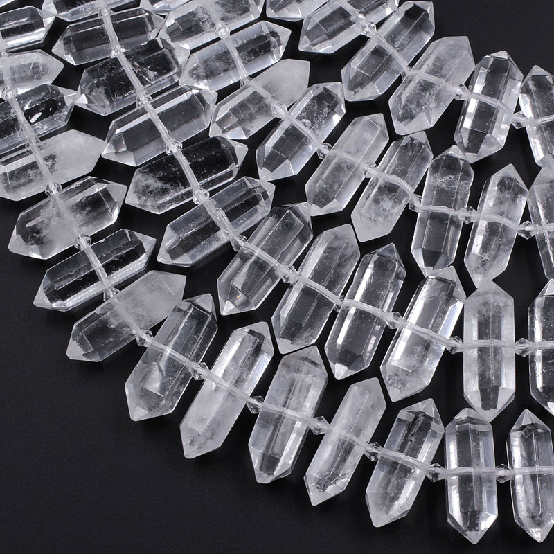 Rock Crystal Quartz Beads Faceted Double Terminated Points Large Drilled Healing Natural Quartz Crystal Focal Pendant Bead 16" Strand