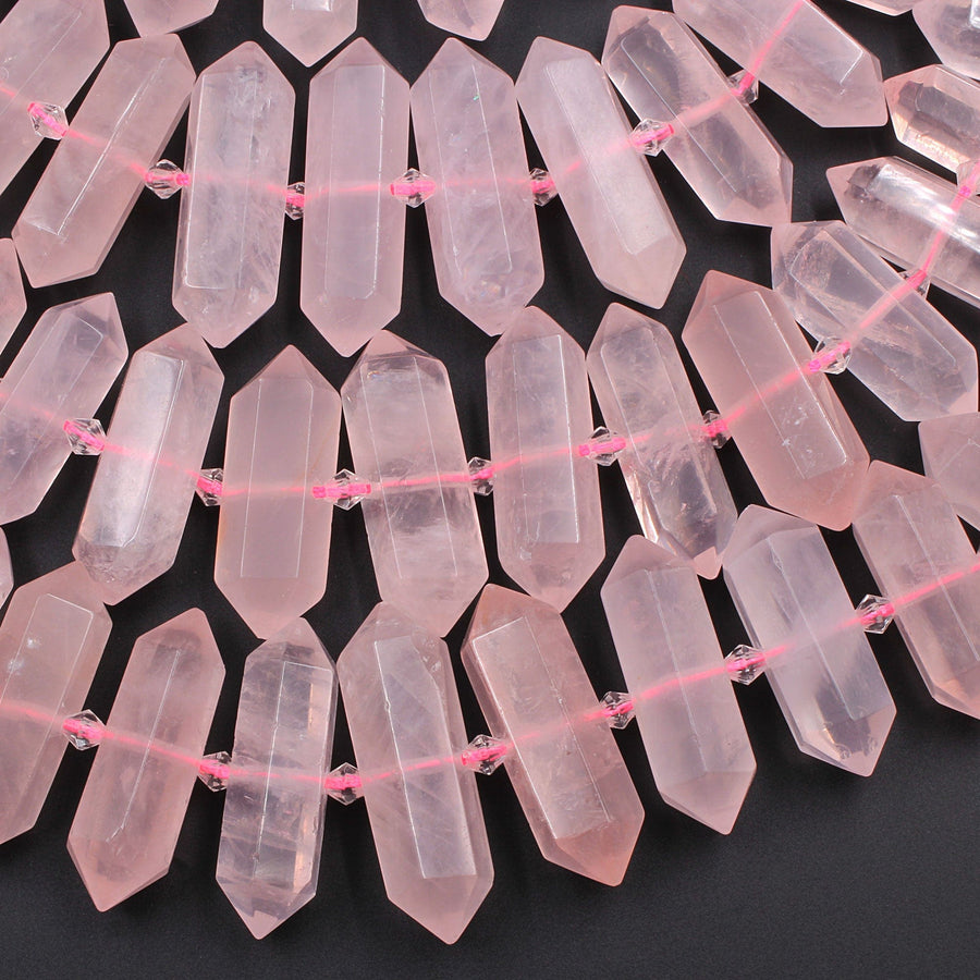 AAA Natural Pink Rose Quartz Faceted Double Terminated Pointed Tips Large Healing Focal Pendant Bead Pink Bullet Bicone Drilled 16" Strand