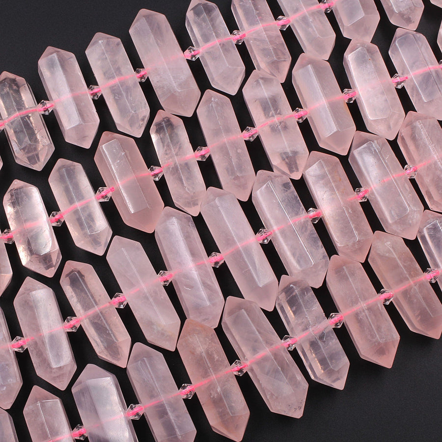 AAA Natural Pink Rose Quartz Faceted Double Terminated Pointed Tips Large Healing Focal Pendant Bead Pink Bullet Bicone Drilled 16" Strand