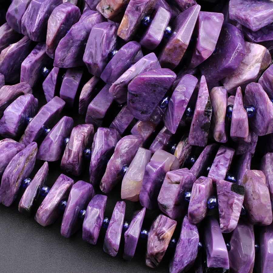 Gorgeous Large Natural Russian Charoite Heishi Wheel Disc Rondelle Bead Center Drilled Slice Hand Chiseled Organic Cut 16" Strand