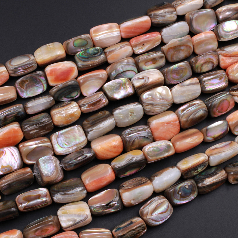 Rare Natural Orange Abalone Shell Beads Rectangle Tube Nugget Iridescent Rainbow Flash Chunky Large Shell 15.5" Strand
