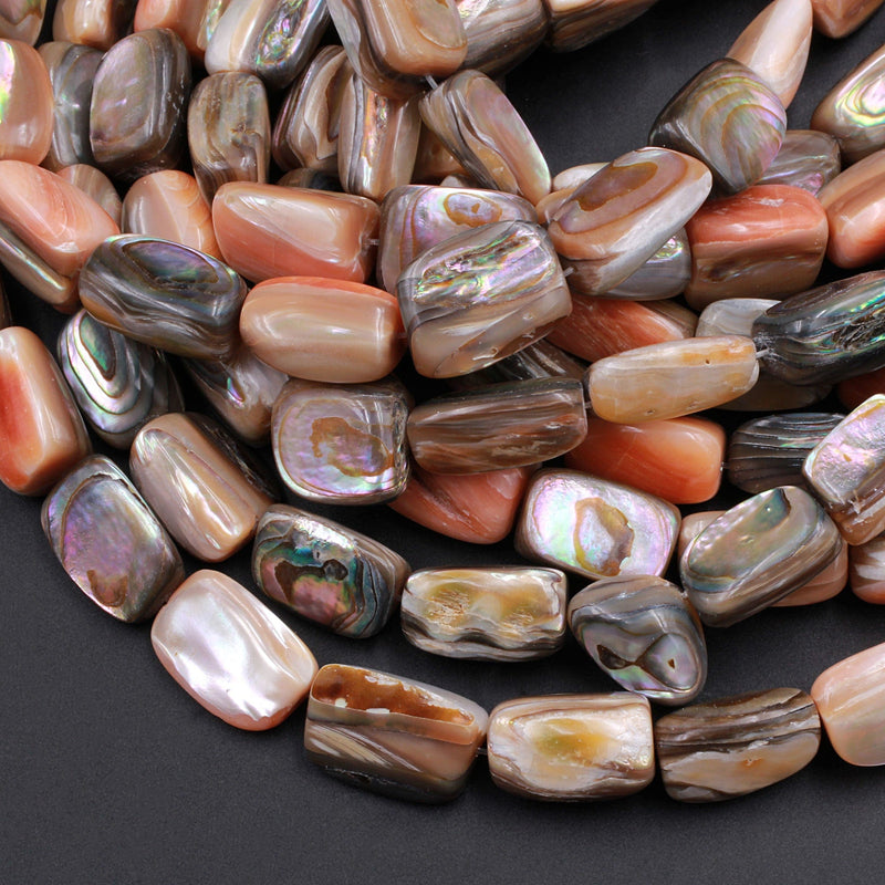 Rare Natural Orange Abalone Shell Beads Rectangle Tube Nugget Iridescent Rainbow Flash Chunky Large Shell 15.5" Strand