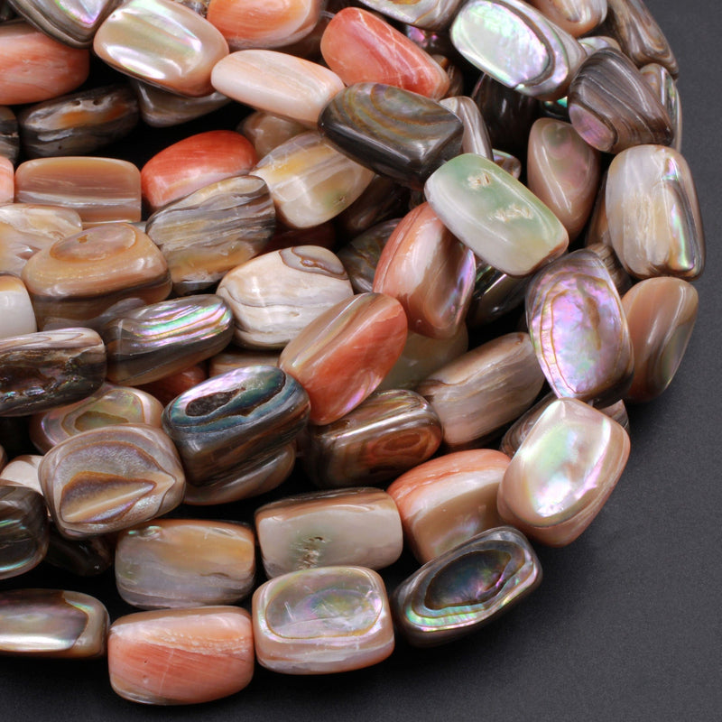 Rare Natural Orange Abalone Shell Beads Rectangle Tube Nugget Iridescent Rainbow Flash Chunky Large Shell 15.5" Strand