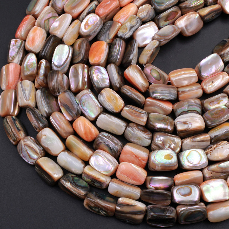 Rare Natural Orange Abalone Shell Beads Rectangle Tube Nugget Iridescent Rainbow Flash Chunky Large Shell 15.5" Strand