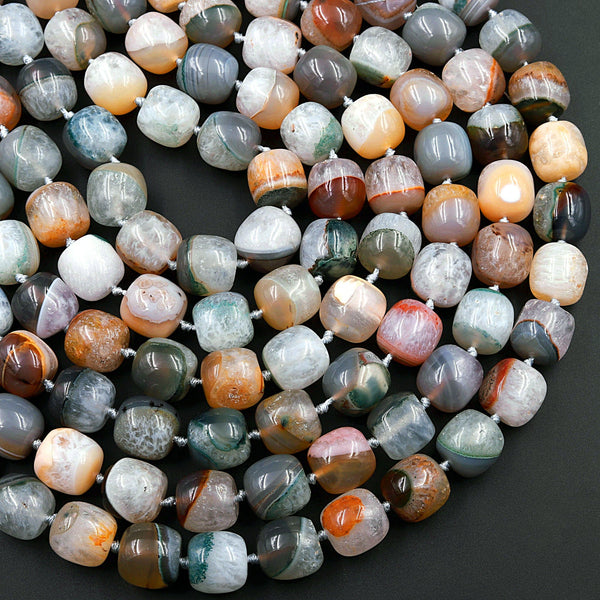 Rare Natural Phantom Agate Beads Chunky Barrel Drum Cylinder Earthy Gray Brown Peach Red Green Blue Crystal Gemstone 16" Strand