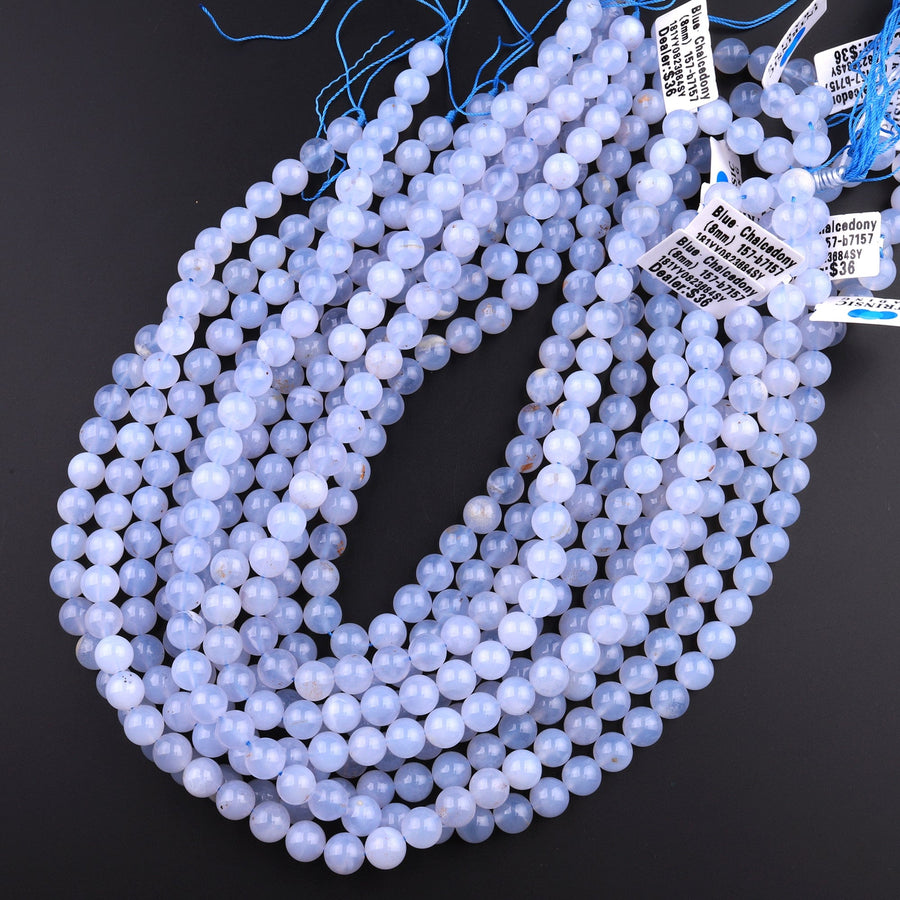 Natural Blue Chalcedony Round Smooth 4mm 6mm 8mm 10mm Beads 15.5" Strand