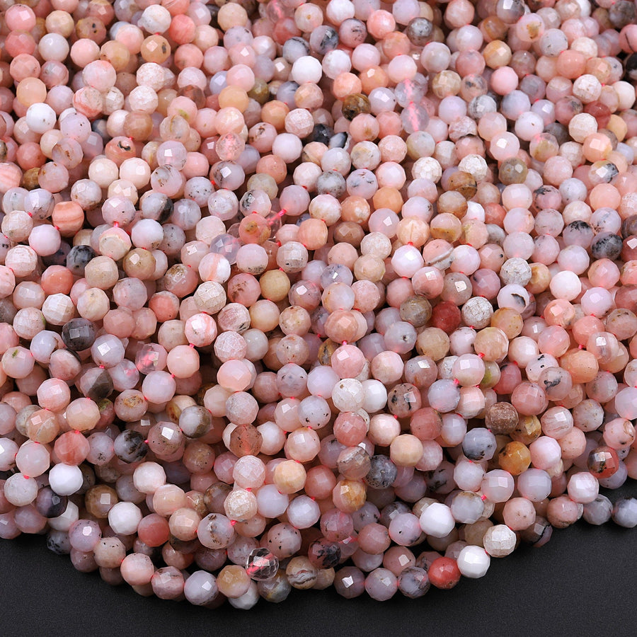 Natural Peruvian Pink Opal Beads 3mm 4mm 5mm 6mm Faceted Round Micro Faceted Laser Diamond Cut Pink Gemstone 16" Strand