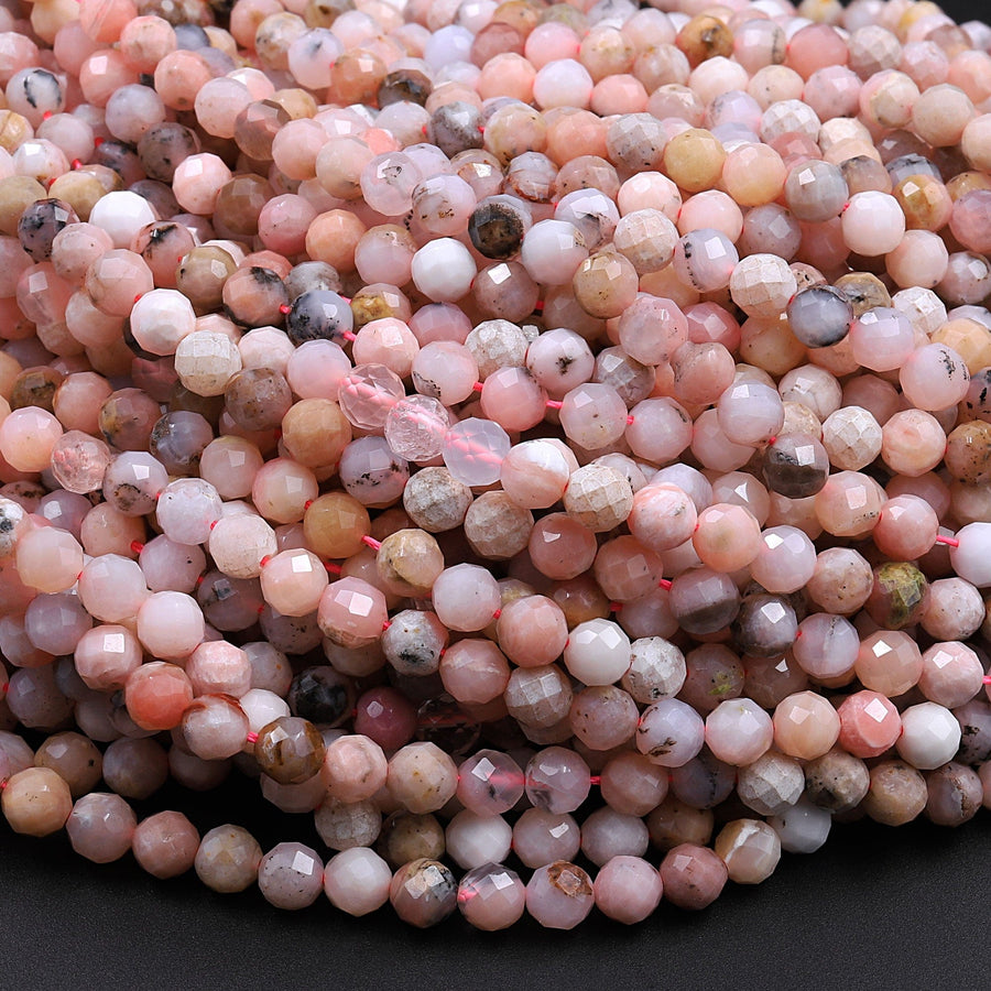 Natural Peruvian Pink Opal Beads 3mm 4mm 5mm 6mm Faceted Round Micro Faceted Laser Diamond Cut Pink Gemstone 16" Strand