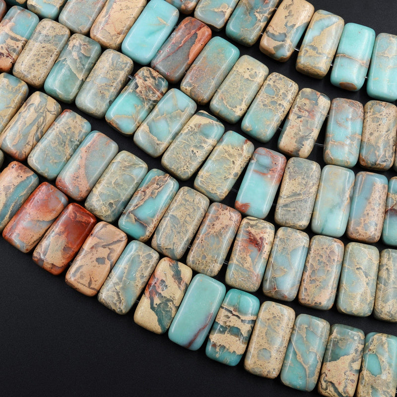 Double Drilled Natural Snake Skin Jasper Rectangle Two Hole Bracelet Beads Blue Rusty Red Brown Tan Stone Aka African Blue Opal 8" Strand