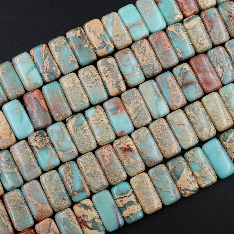 Double Drilled Natural Snake Skin Jasper Rectangle Two Hole Bracelet Beads Blue Rusty Red Brown Tan Stone Aka African Blue Opal 8" Strand
