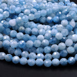 Micro Faceted Natural Blue Aquamarine 5mm Faceted Round Beads Laser Diamond Cut Extra Intense Blue Birthstone Gemstone 16" Strand