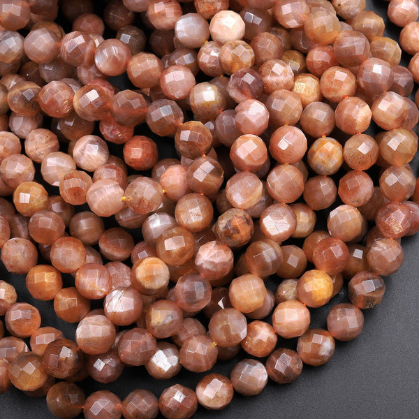Natural Sunstone Faceted 6mm 8mm Round Beads High Quality A Grade With Glittering Feldspar Fiery Golden Orange Brown Gemstone 16" Strand