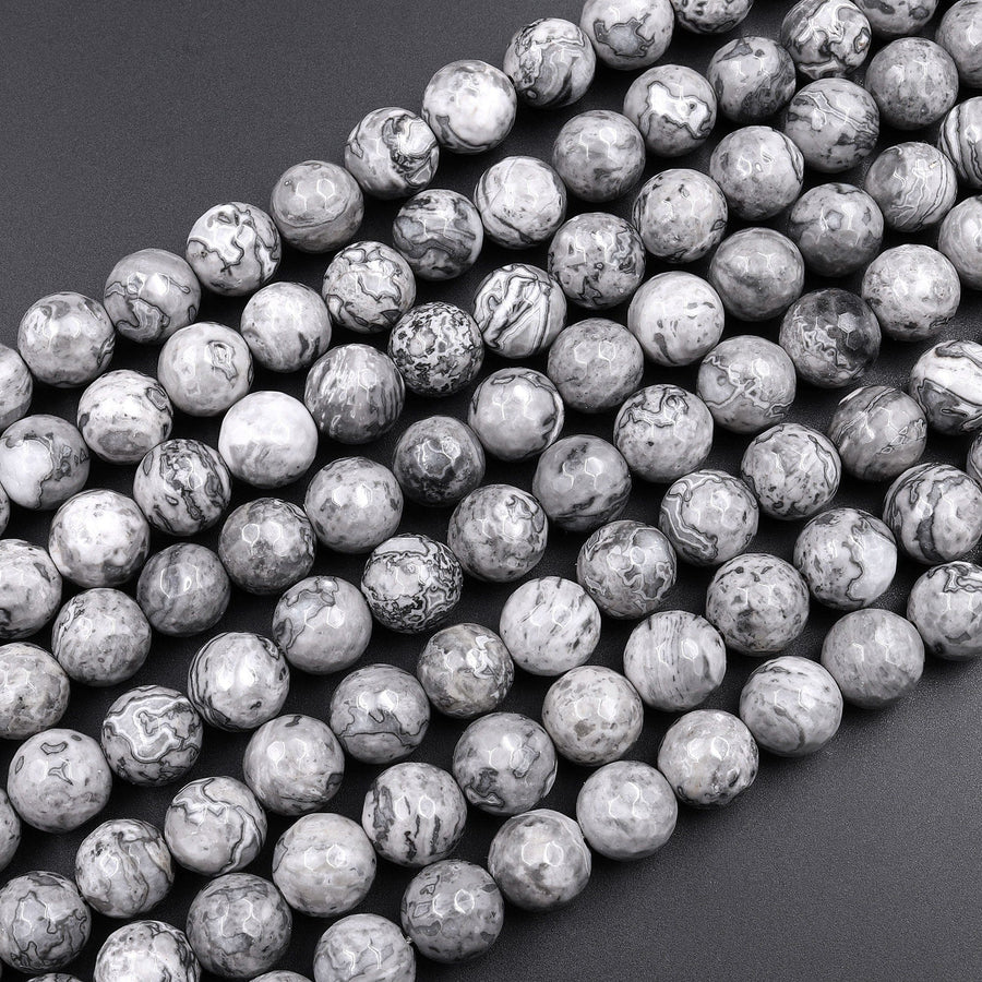 Faceted Natural Gray Crazy Lace Jasper Aka Map Stone Jasper Gray Picture Jasper 4mm 6mm 8mm 10mm Round Beads 16" Strand