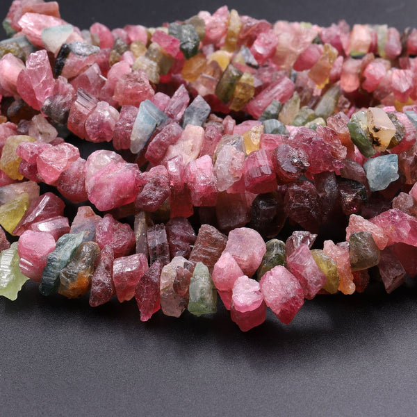 Raw Rough Natural Pink Green Tourmaline Beads Watermelon Multi Color Tourmaline Gemstone Freeform Irregular Nugget Chip 17" Strand