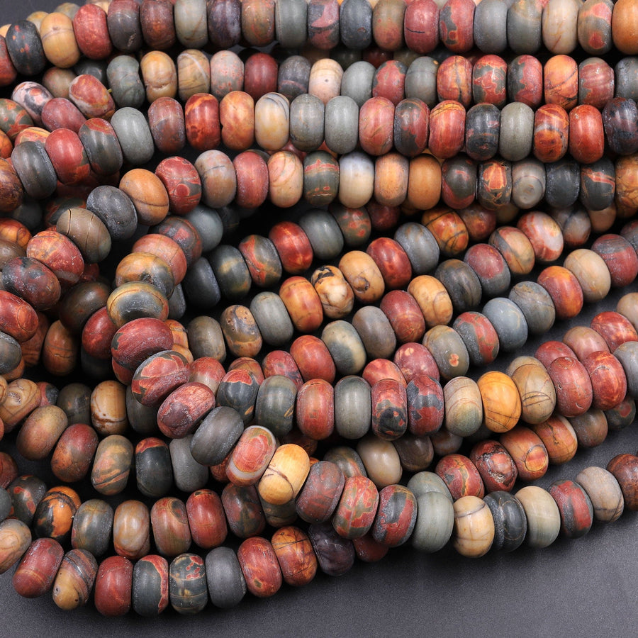 Red Creek Jasper Large Matte Rondelle Bead 10mm 12mm Red Green Yellow Brown Natural Cherry Creek Multi Color Picasso Jasper 16" Strand