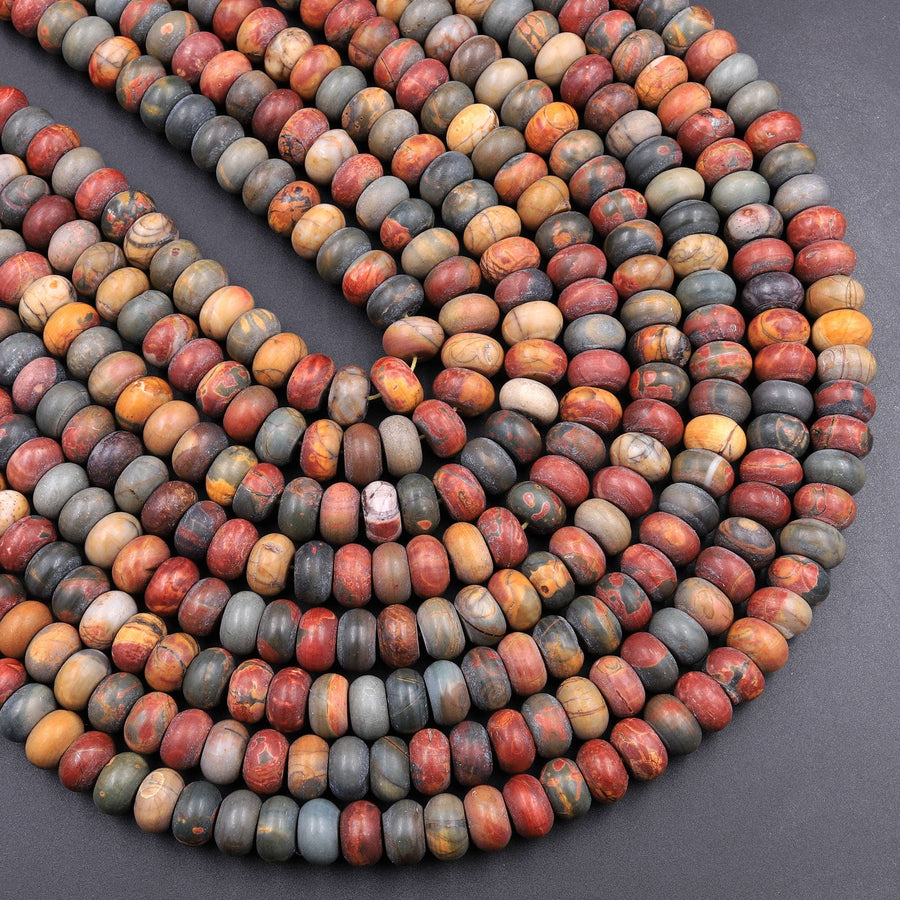 Red Creek Jasper Large Matte Rondelle Bead 10mm 12mm Red Green Yellow Brown Natural Cherry Creek Multi Color Picasso Jasper 16" Strand