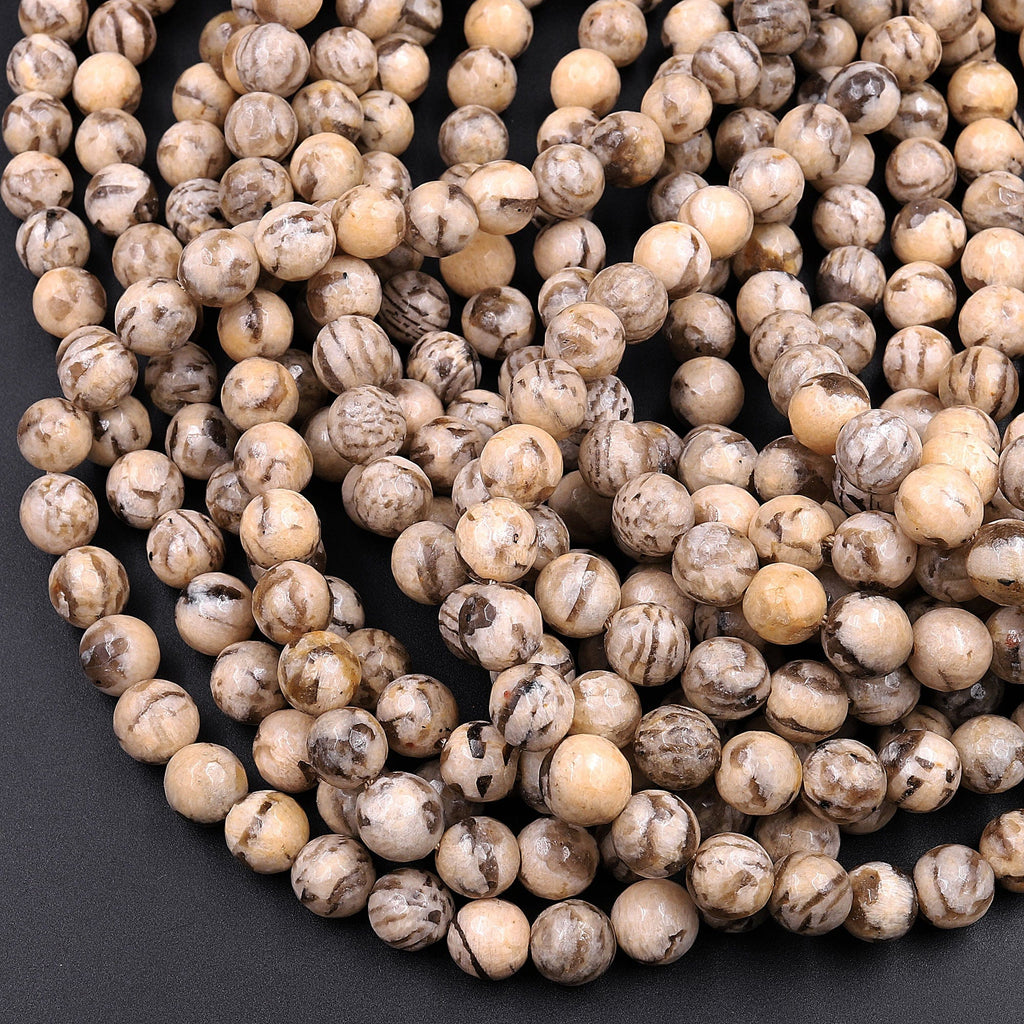 Faceted Graphic Feldspar 6mm 8mm 10mm Round Beads Earth Tones Beads 16" Strand