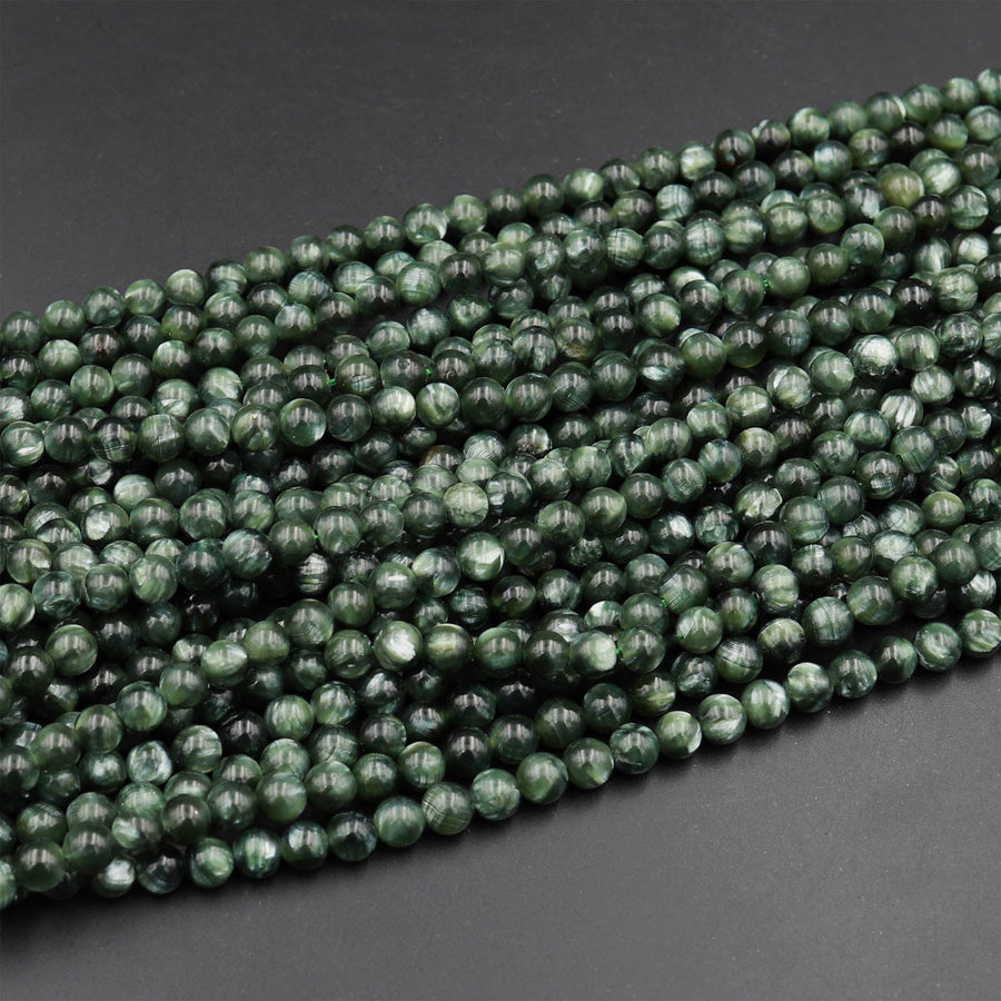 AAA Russian Seraphinite Smooth Round Beads 3mm 4mm 6mm 8mm Real Genuine Green Gemstone 15.5" Strand