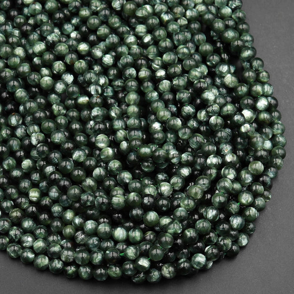 AAA Russian Seraphinite Smooth Round Beads 3mm 4mm 6mm 8mm Real Genuine Green Gemstone 15.5" Strand