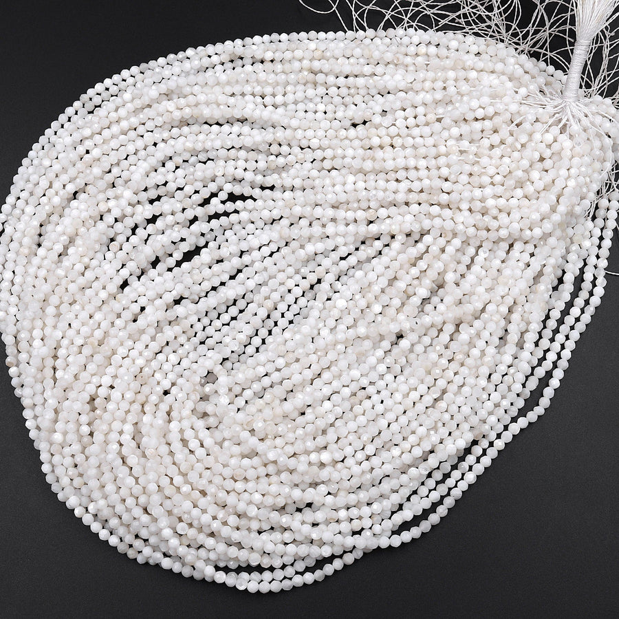 Faceted White Mother of Pearl Shell Round Beads 2mm 3mm 4mm Laser Diamond Cut Iridescent Pearl Gemstone 16" Strand