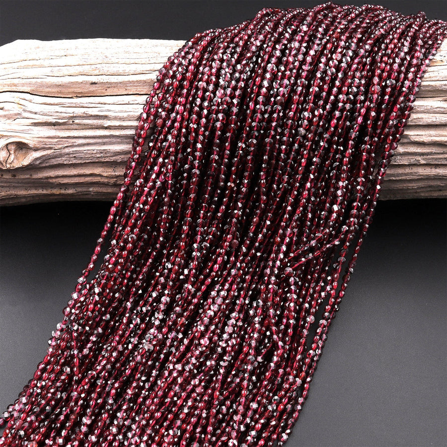 Faceted Natural Red Garnet Coin Beads 2mm 3mm Flat Disc Dazzling Micro Diamond Cut 15.5" Strand