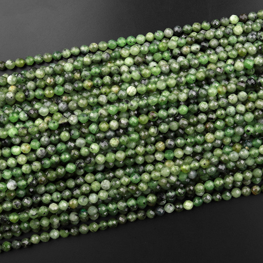 Faceted Russian Green Jade 4mm Round Beads Micro Cut Natural Gemstone 15.5" Strand