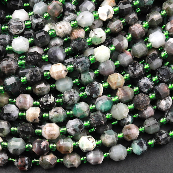 Real Genuine Natural Green Emerald Rounded 6mm 8mm Beads Faceted Energy Prism Double Terminated Point Cut 15.5" Strand