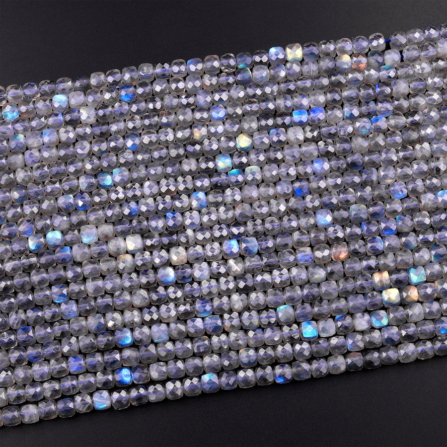 AAA Natural Blue Labradorite Micro Faceted 2mm 3mm 4mm Cube Dice Square Beads 15.5" Strand