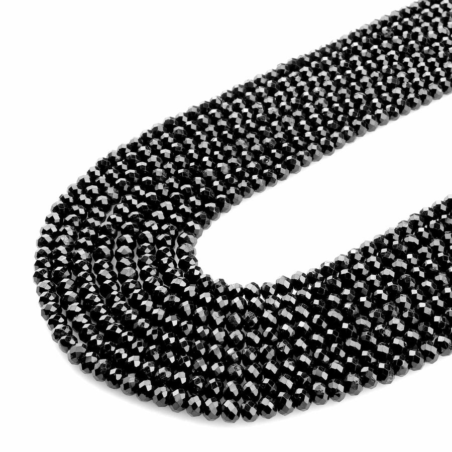 Natural Black Tourmaline Faceted 4mm 6mm 8mm Rondelle Beads Real Genuine Gemstone 15.5" Strand