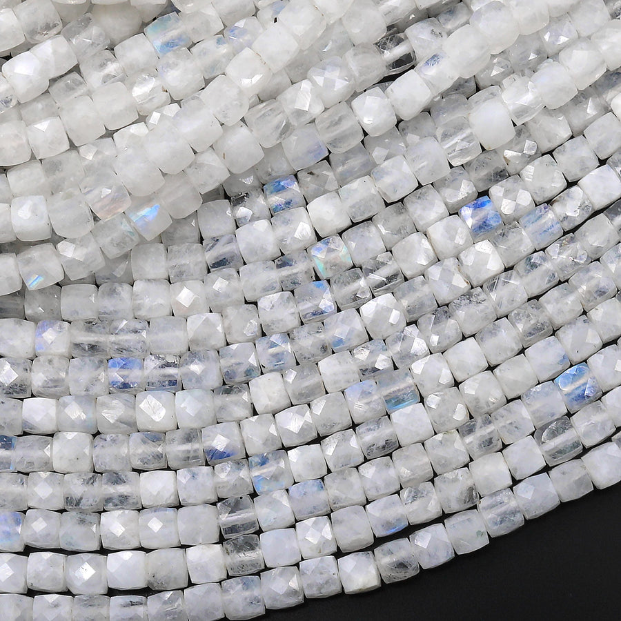 Natural White Rainbow Moonstone Faceted 4mm Cube Dice Square Beads 15.5" Strand