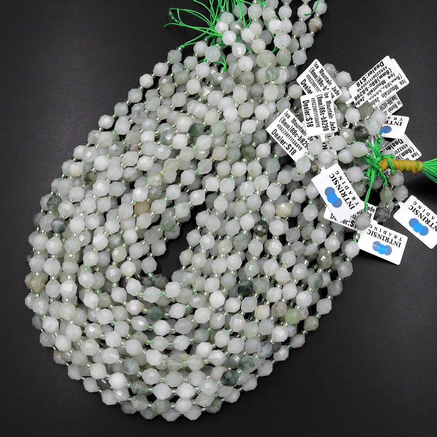 Faceted Natural Ice Mountain Jade 6mm 8mm Beads Energy Prism Double Terminated Point Cut 15.5" Strand