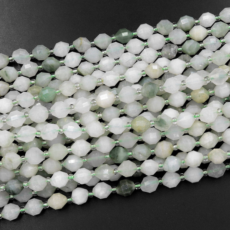 Faceted Natural Ice Mountain Jade 6mm 8mm Beads Energy Prism Double Terminated Point Cut 15.5" Strand