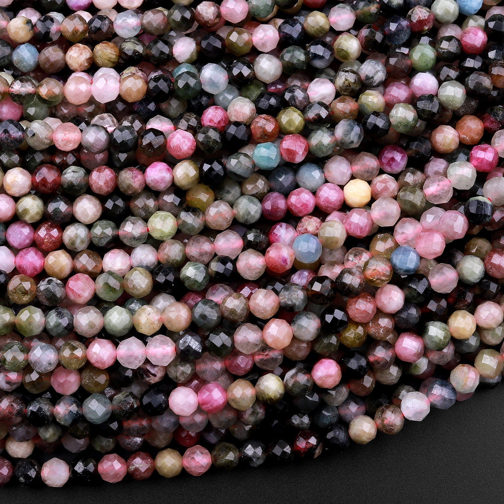 Faceted Natural Multicolor Tourmaline Round Beads 4mm Pink Green Real Genuine Gemstone 15.5" Strand