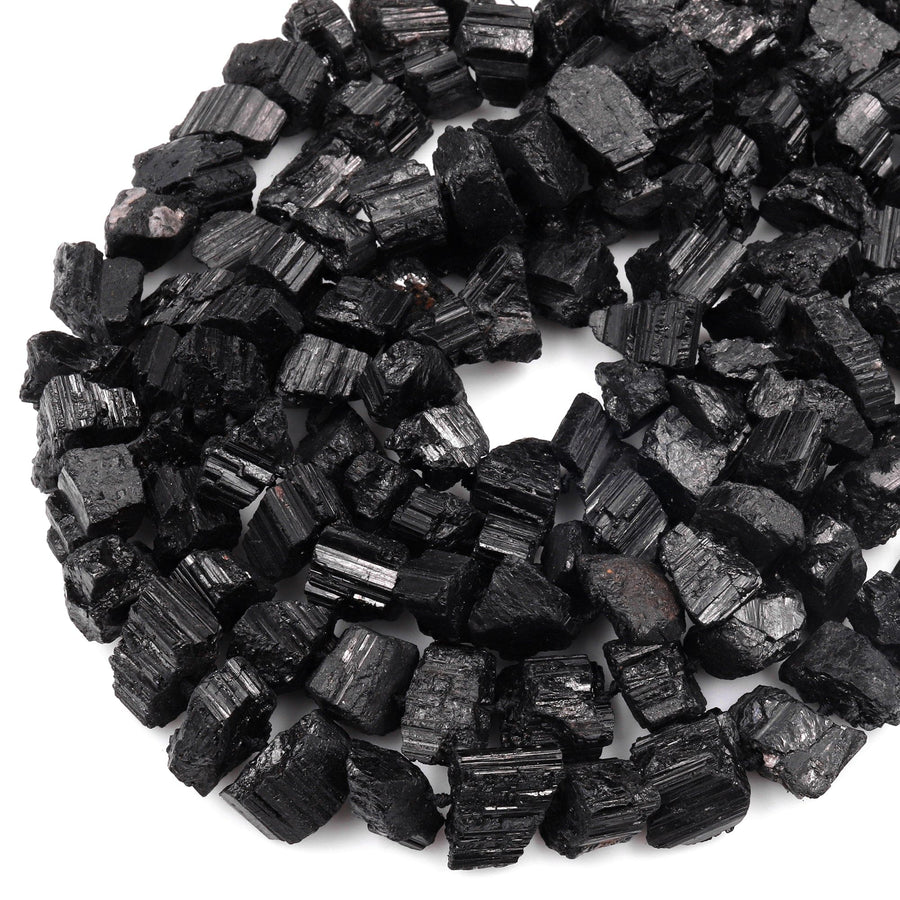 Rough Raw Natural Black Tourmaline Beads Nugget Short Chunky Real Genuine Black Tourmaline Crystal Gemstones Tube 15.5" Strand