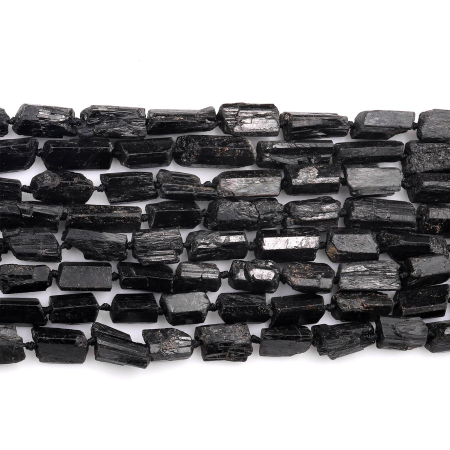 Drilled Raw Rough Natural Black Tourmaline Beads Nugget Gemstones Tube 15.5" Strand