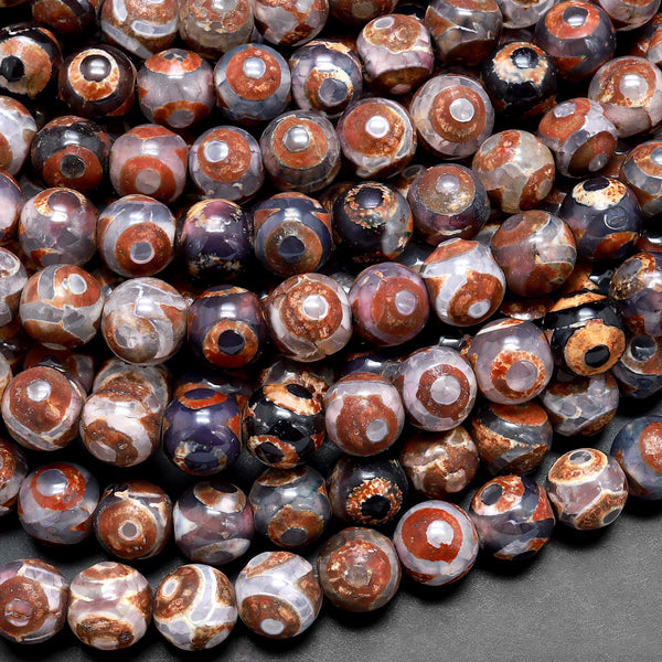 Tibetan Agate 6mm 8mm 10mm Round Beads Dzi Agate Brown Green Etched Eye Mala Antique Boho Beads 15.5" Strand